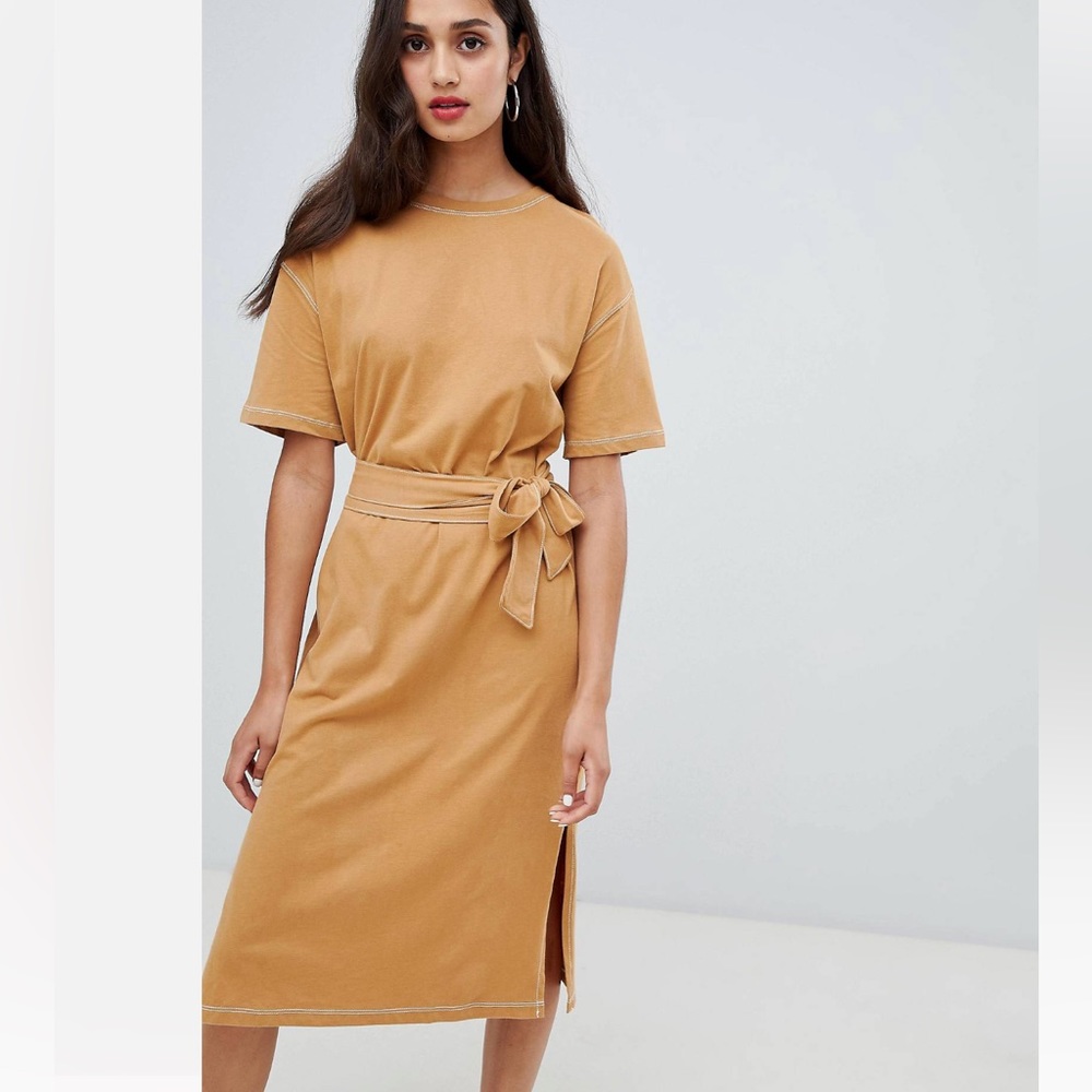Bershka contrast stitch + shirt dress with tie